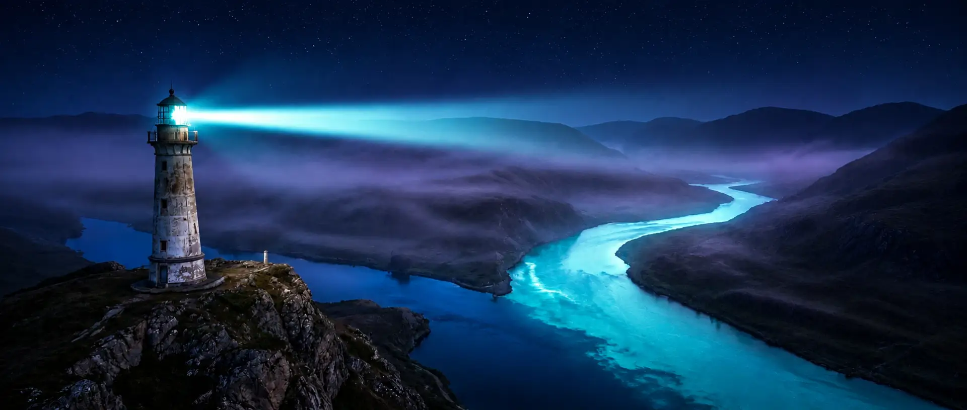 A lighthouse beam sweeping over a moonlit valley where two rivers merge into one